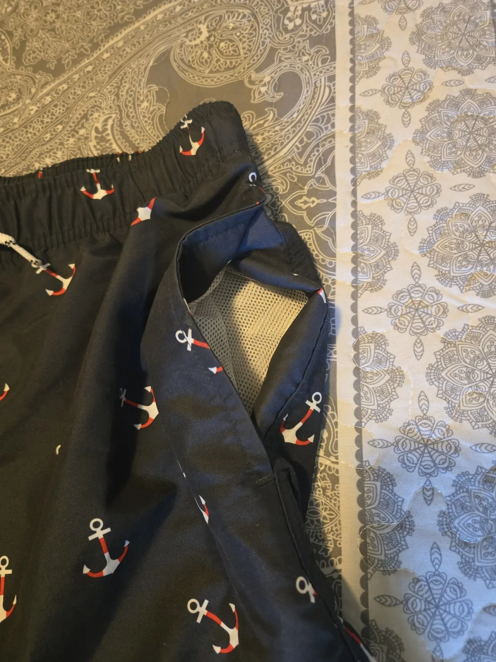Men's Anchor Print Navy and Blue Palm Tree Board Swim Shorts - Size Medium